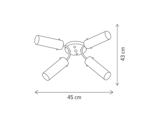 Schiță a unei lămpi de tavan cu patru reflectoare și dimensiunile de 43 pe 45 centimetri
