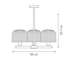 Desen tehnic al unui corp de iluminat suspendat cu trei lămpi și dimensiunile de 65 cm lățime și 57,7 cm înălțime.