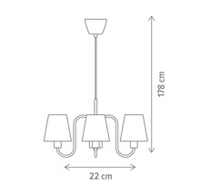 Desen tehnic al unui corp de iluminat suspendat cu trei abajururi, 178 cm înălțime, 22 cm lățime.