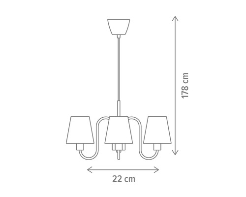 Desen tehnic al unui corp de iluminat suspendat cu trei abajururi, 178 cm înălțime, 22 cm lățime.