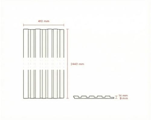 Desen tehnic al unui placaj de fațadă cu dimensiunile de 410 mm lățime și 2440 mm înălțime