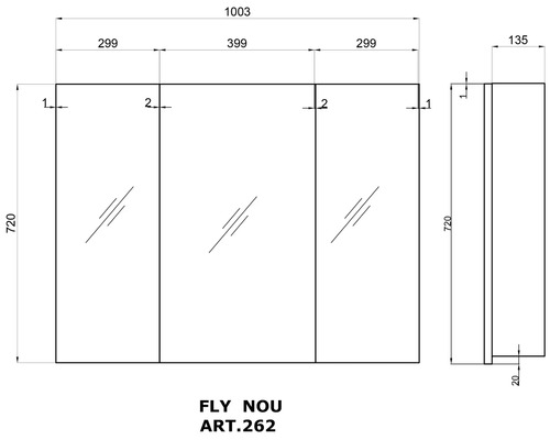 Desen tehnic al unui dulap cu oglindă cu dimensiuni