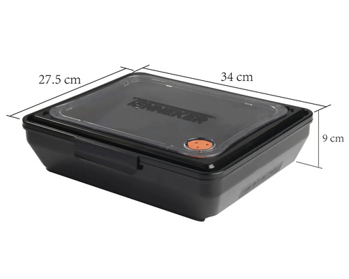 Cutie neagră din plastic pentru alimente, cu dimensiunile de 34 x 27,5 x 9 centimetri.