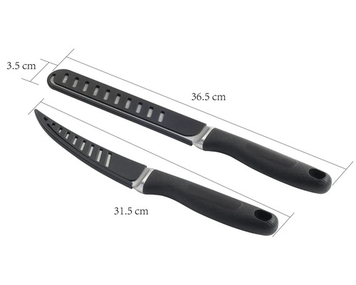 Două cuțite de filetat cu mâner negru și lamă cu decupaje, lungimi 36,5 cm și 31,5 cm
