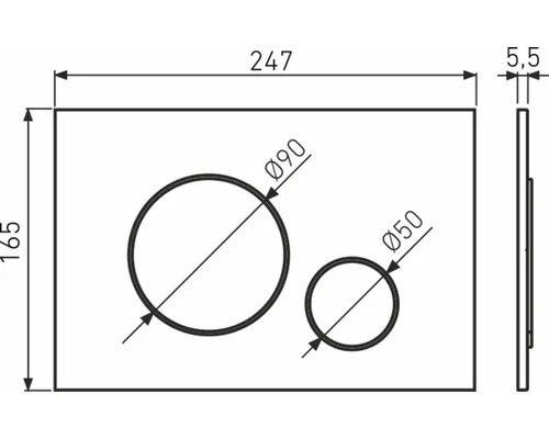 Desen tehnic al unei plăci cu două decupaje și dimensiuni.