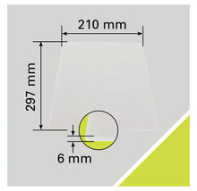 Desen tehnic al unei plăci cu dimensiunile de 210 milimetri pe 297 milimetri și o grosime de 6 milimetri.