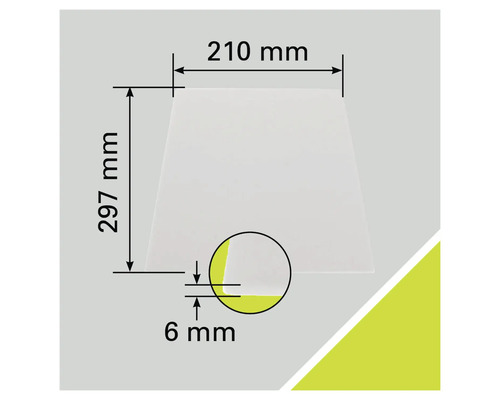 Desen tehnic al unei plăci cu dimensiunile de 210 milimetri pe 297 milimetri și o grosime de 6 milimetri.