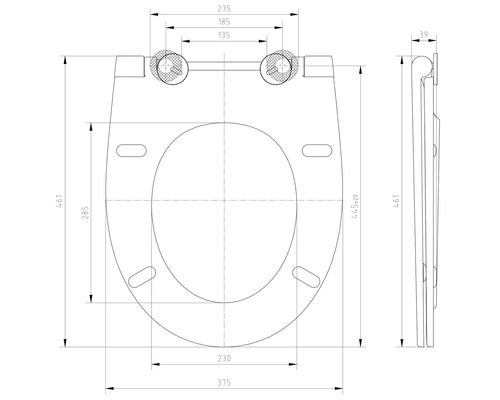 Desen tehnic al unui capac de toaletă cu dimensiuni