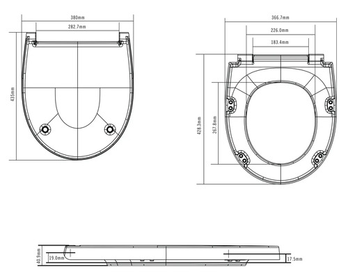 Desen tehnic al unui capac de toaletă cu dimensiuni