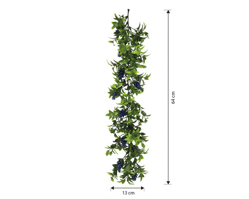 Ghirlandă decorativă cu frunze verzi și fructe de pădure albastre, lungime 64 cm