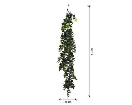 Ghirlandă artificială de eucalipt, cu o lungime de 65 cm și o lățime de 15 cm.