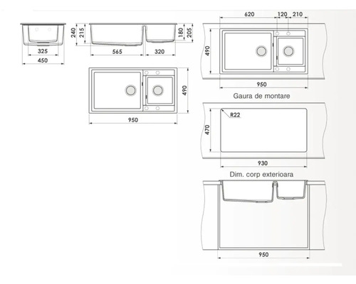 Desen tehnic al unei chiuvete cu dublă cuvă și dimensiuni