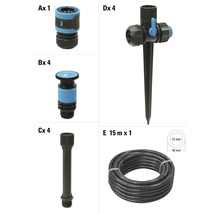Set de accesorii pentru furtun de grădină, constând dintr-un cuplaj de furtun, un pulverizator, o extensie și un stropitor cu țepușă, plus un furtun de 15 metri