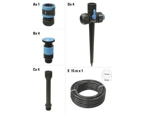 Set de accesorii pentru furtun de grădină, constând dintr-un cuplaj de furtun, un pulverizator, o extensie și un stropitor cu țepușă, plus un furtun de 15 metri