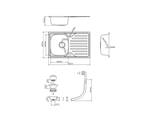 Desen tehnic cu dimensiunile unei chiuvete de bucătărie