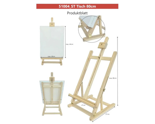 Șevalet de masă din lemn, potrivit pentru pânze de până la maximum 44 x 60 cm, înălțime maximă 80 cm