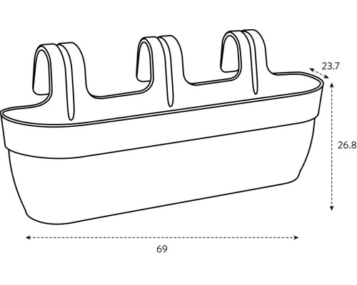 Imaginea unei jardiniere de balcon cu dimensiunile de 69 x 23,7 x 26,8 cm.