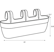 Imagine a unei jardiniere de balcon cu dimensiunile 69 x 23,7 x 26,8 cm.