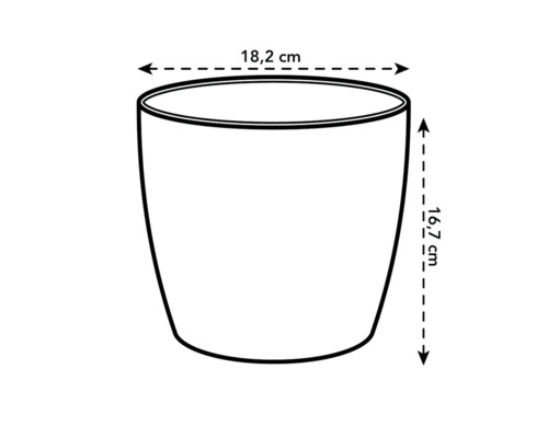 Schiță a unui ghiveci de flori cu dimensiunile de 18,2 cm lățime și 16,7 cm înălțime.