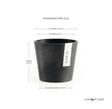 Ghiveci Ecopots Amsterdam Mini 10,5: înălțime 9,2 centimetri, diametru exterior 10,5 centimetri, diametru interior 9,5 centimetri, volum 0,45 litri.