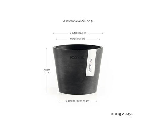 Ghiveci Ecopots Amsterdam Mini 10,5: înălțime 9,2 centimetri, diametru exterior 10,5 centimetri, diametru interior 9,5 centimetri, volum 0,45 litri.