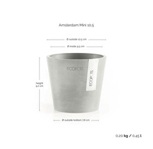 Ghiveci Ecopots Amsterdam Mini cu dimensiuni: înălțime 9,2 centimetri, diametru exterior 10,5 centimetri, volum 0,45 litri.