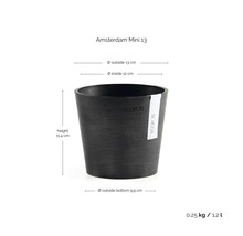 Ghiveci Ecopots Amsterdam Mini 13 cu Ecopots Logo și dimensiuni: înălțime 11,4 centimetri, diametru 13 centimetri, volum 1,2 litri.