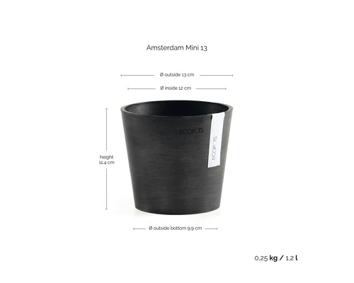 Ghiveci Ecopots Amsterdam Mini 13 cu Ecopots Logo și dimensiuni: înălțime 11,4 centimetri, diametru 13 centimetri, volum 1,2 litri.