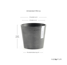 Ghiveci Ecopots Amsterdam Mini 13: înălțime 11,4 centimetri, diametru exterior 13 centimetri, greutate 0,25 kilograme, volum 1,2 litri.