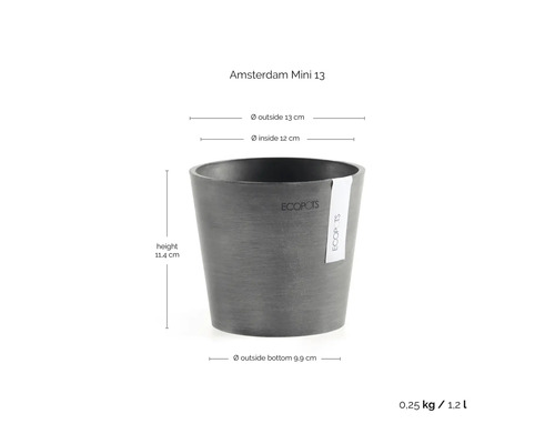 Ghiveci Ecopots Amsterdam Mini 13: înălțime 11,4 centimetri, diametru exterior 13 centimetri, greutate 0,25 kilograme, volum 1,2 litri.