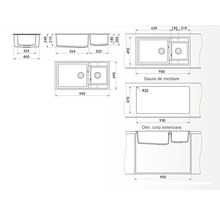 Desen tehnic al unei chiuvete cu dublă cuvă și dimensiuni