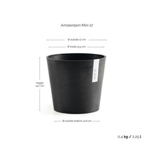 Ghiveci Ecopots Amsterdam Mini 17, diametru 17 centimetri, înălțime 14,7 centimetri, volum 2,25 litri, negru.