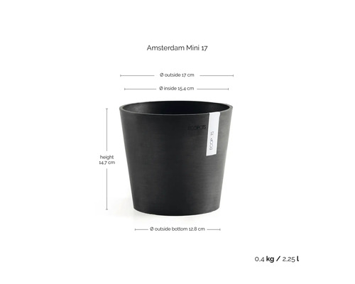 Ghiveci Ecopots Amsterdam Mini 17, diametru 17 centimetri, înălțime 14,7 centimetri, volum 2,25 litri, negru.