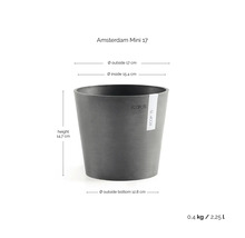 Ghiveci Ecopots Amsterdam Mini 17, înălțime 14,7 centimetri, diametru exterior 17 centimetri, diametru interior 15,4 centimetri, volum 2,25 litri.