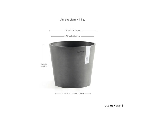 Ghiveci Ecopots Amsterdam Mini 17, înălțime 14,7 centimetri, diametru exterior 17 centimetri, diametru interior 15,4 centimetri, volum 2,25 litri.