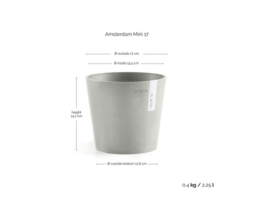 Ghiveci gri Amsterdam Mini 17 de la ECOPOTS. Dimensiuni: înălțime 14,7 centimetri, diametru exterior 17 centimetri, diametru interior 15,4 centimetri.