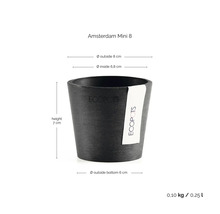 Ghiveci negru Ecopots Amsterdam Mini 8 cu dimensiuni: diametru 8 centimetri, înălțime 7 centimetri, din plastic reciclat.