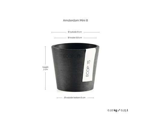 Ghiveci negru Ecopots Amsterdam Mini 8 cu dimensiuni: diametru 8 centimetri, înălțime 7 centimetri, din plastic reciclat.
