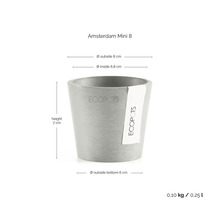 Ghiveci Ecopots Amsterdam Mini 8 cu dimensiuni: înălțime 7 centimetri, diametru exterior 8 centimetri, interior 6,8 centimetri, fund 6 centimetri, volum 0,25 litri.