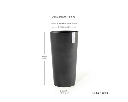 Ghiveci ECOPOTS Amsterdam High 76, plastic, înălțime 76 centimetri, diametru exterior sus 41,5 centimetri, volum 72,7 litri.