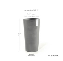Ghiveci înalt gri ECOPOTS Amsterdam High 76: înălțime 76 centimetri, diametru exterior 41,5 centimetri, volum 72,7 litri.