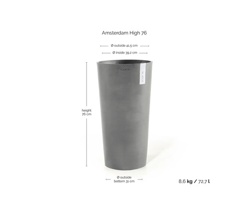 Ghiveci înalt gri ECOPOTS Amsterdam High 76: înălțime 76 centimetri, diametru exterior 41,5 centimetri, volum 72,7 litri.