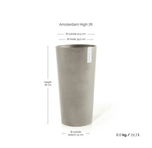 Ghiveci înalt Amsterdam High 76 de la ECOPOTS. Înălțime 76 centimetri, diametru sus 41,5 centimetri, jos 31 centimetri, volum 72,7 litri.