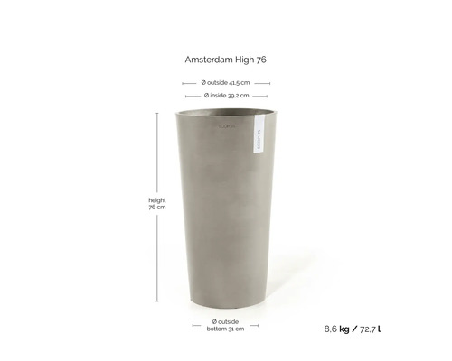 Ghiveci înalt Amsterdam High 76 de la ECOPOTS. Înălțime 76 centimetri, diametru sus 41,5 centimetri, jos 31 centimetri, volum 72,7 litri.
