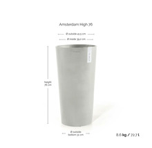 Ghiveci Ecopots Amsterdam High 76 cu Ecopots Logo: înălțime 76 centimetri, diametru 41,5 centimetri, greutate 8,6 kilograme, volum 72,7 litri.