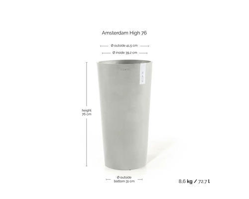 Ghiveci Ecopots Amsterdam High 76 cu Ecopots Logo: înălțime 76 centimetri, diametru 41,5 centimetri, greutate 8,6 kilograme, volum 72,7 litri.