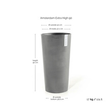 Ghiveci Ecopots Amsterdam Extra High 90: înălțime 90 centimetri, diametru exterior sus 50 centimetri, volum 124 litri.