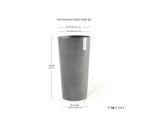 Ghiveci Ecopots Amsterdam Extra High 90: înălțime 90 centimetri, diametru exterior sus 50 centimetri, volum 124 litri.