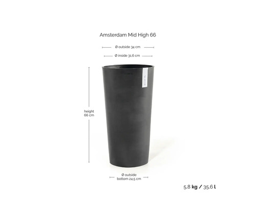Ghiveci înalt închis la culoare ECOPOTS Amsterdam Mid High 66 cu dimensiuni: înălțime 66 centimetri, diametru 34 centimetri, volum 35,6 litri.