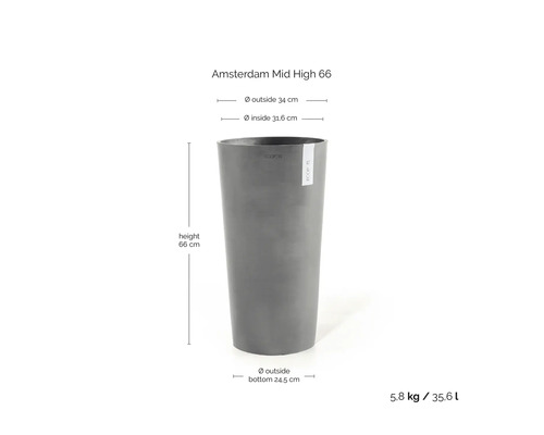 Ghiveci gri Ecopots Amsterdam Mid High 66: înălțime 66 centimetri, diametru exterior 34 centimetri, volum 35,6 litri, greutate 5,8 kilograme.